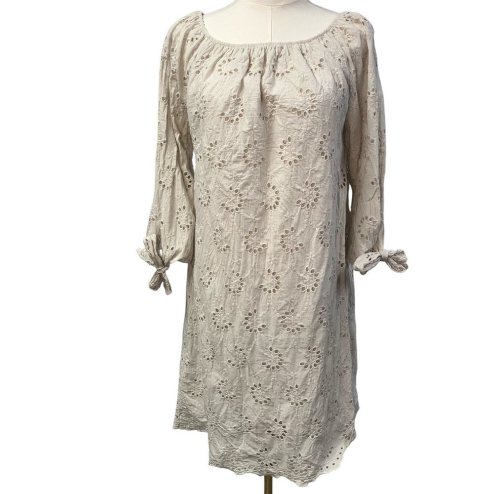 Valentina Naldi Made in Italy Women L Grey Off Shoulder Eyelet Dress Tie Sleeve
